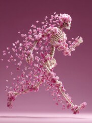A skeleton made of pink flowers is running, with petals flying in the air and its body composed entirely of flower elements
