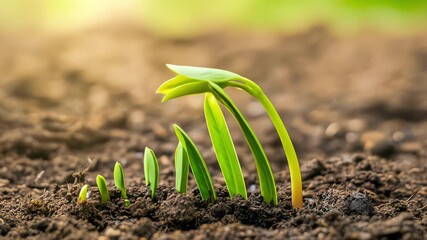 A sequence of seedlings in soil shows the stages of plant growth, with the largest one drooping and then reviving