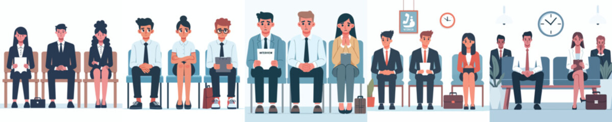 vector of interview candidates sitting nervously in line