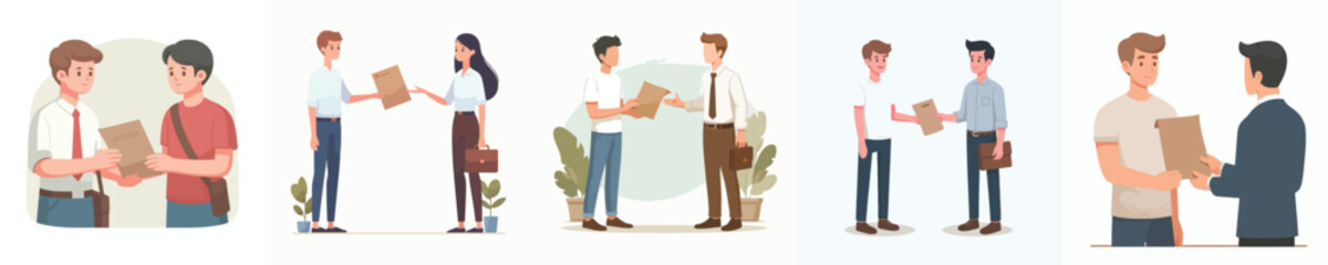 vector of an applicant giving a cover letter to a company employee