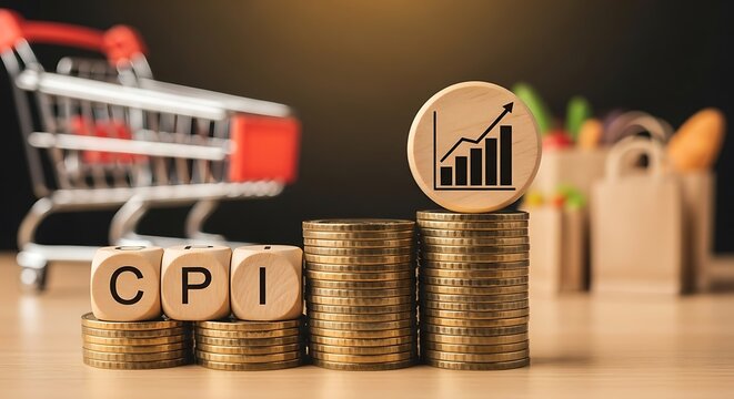 Consumer price index cpi concept with stacked coins and shopping cart symbolizing inflation and rising cost of goods - Powered by Adobe