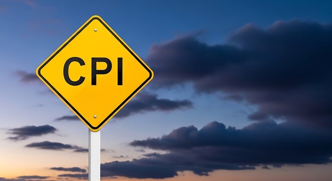 Yellow diamondshaped road sign with the letters cpi in black, set against a dramatic sky with clouds at dusk