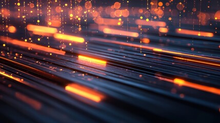 Abstract digital art featuring glowing lines and particles, creating a vibrant and dynamic visual effect in shades of orange and blue.