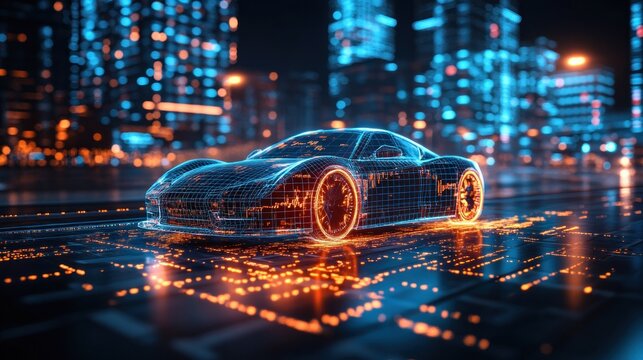 Futuristic car on a digital city grid - Powered by Adobe