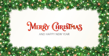 Holiday banner. Christmas tree frame with fir branches and colorful glowing lights. Merry Christmas lettering. Perfect for winter headers, party posters, invitations, social media banners. Vector.