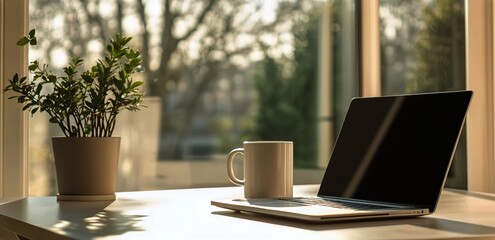 Sunlit Workspace With Laptop, Coffee Cup, and Potted Plant in a Cozy Indoor Setting