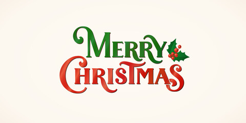 Fototapeta premium Vintage Merry Christmas lettering in red and green with swirl elements and holly berry decoration. Great for greeting cards, posters, invitations, gift tags, and seasonal social media designs.