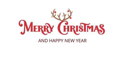 Red Merry Christmas lettering with antlers. Reindeer horns with hanging ornaments. Great for holiday greeting cards, Christmas gift tags, posters, social media. Transparent background in vector file.