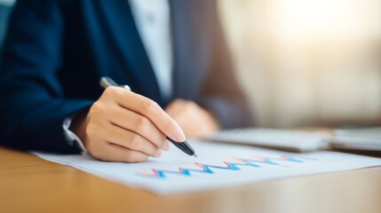 A focused businessperson analyzes stock market performance using graph annotations for accurate storage or sharing withi