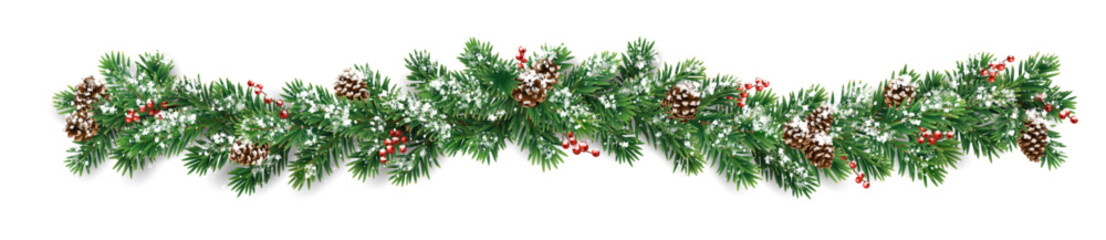 Horizontal Christmas garland with snowy fir branches, pine cones, and holly berries. Festive design for winter banners, cards, invitations, and seasonal posters. Transparent background in vector file.