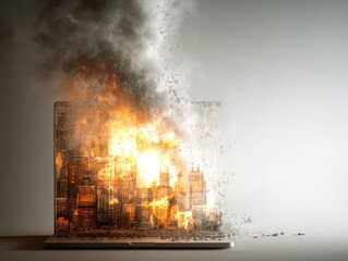 Laptop displaying a city skyline engulfed in flames with a plume of smoke on a gray background, suggesting destruction and digital chaos