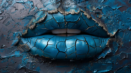 Cracked Blue Lips Resembling Dried Paint Texture – Close-Up Conceptual Beauty Portrait