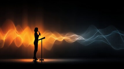 A silhouette of a person stands at a podium with a microphone,
