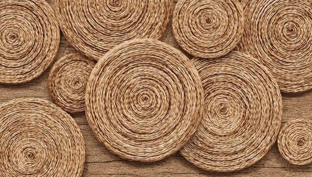 Overlapping spiral-patterned, light-brown, woven coasters on a wooden surface