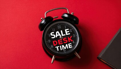Black alarm clock with text "SALE DESK TIME" on red and black background, top view
