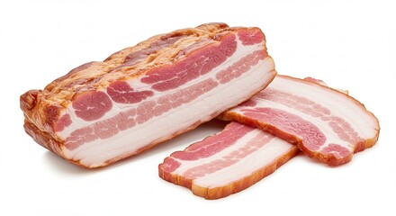 Sliced Cured Bacon with Fat on White Background