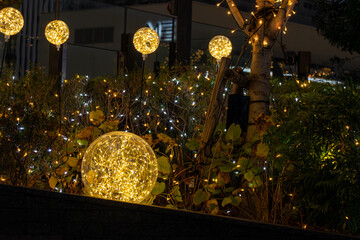 黄金色に輝く丸いイルミネーションライト