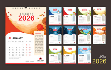 2026 Wall Calendar with editable date, months and seasonal illustration vector file