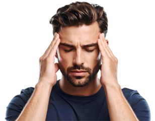 Young man stressed and exhausted, isolated on a transparent background, PNG