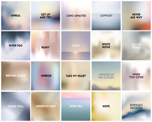BIG set of 20 square blurred nature white silver backgrounds. With various quotes. Sunset and sunrise sea forest blurred green background