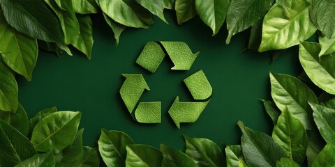Green background with green leaves and a recycling symbol for an environmental protection concept