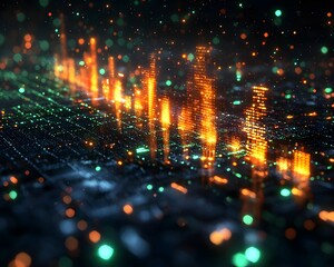 Abstract digital visualization of glowing bar graph data symbolizing financial growth success and economic progress