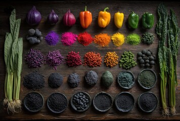 Vibrantly colored produce and matching pigment powders arranged in rows on a dark wooden surface create a visually striking composition