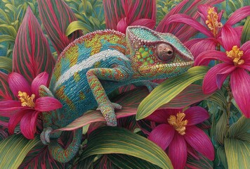 Detailed painting of a chameleon resting among vibrant tropical foliage and pink flowers. Shimmers with color in a realistic, painterly style