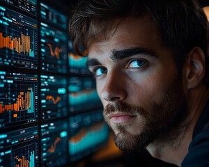 A man s intense gaze focused on glowing financial data charts displayed on multiple screens symbolizing business analysis and technology