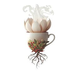 Coffee Lotus Bloom: A White Flower Emerging from a Cup with Roots and Coffee Cherries
