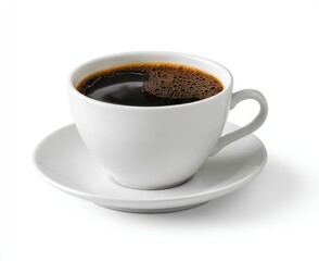 Fototapeta premium A white ceramic cup and saucer with dark, steaming coffee. Shallow depth of field and a crisp, clean look on a white background