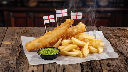 Traditional English fish and chips with crispy golden batter, thick cut fries and mushy peas served on rustic wooden table with small England flags and steam rising for authentic British cuisine
