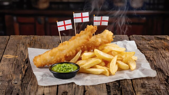 Traditional English fish and chips with crispy golden batter, thick cut fries and mushy peas served on rustic wooden table with small England flags and steam rising for authentic British cuisine