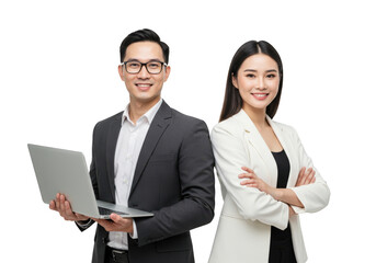 Asian business couple with laptop isolated on transparent background