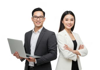 Asian business couple with laptop isolated on transparent background