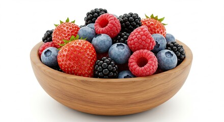 Fresh Mixed Berries in Light Wood Bowl on White