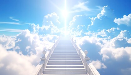 A majestic white staircase ascends into a vibrant, sunlit sky filled with fluffy clouds, evoking a sense of hope