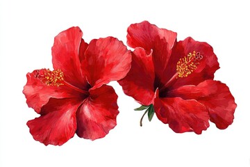 Two vibrant red hibiscus flowers, detailed and painterly, against a plain white background
