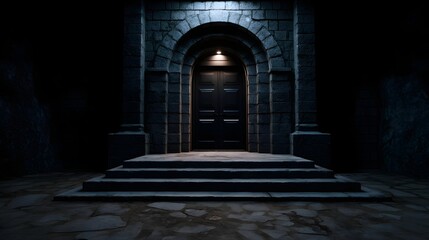 Fototapeta premium A dark, foreboding archway made of weathered stone bricks, leading to the entrance of an imposing, medieval-style castle shrouded in shadows.