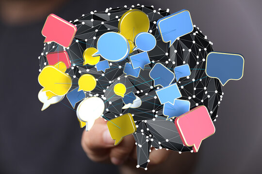 Conceptual image of interconnected speech bubbles, representing communication and social media.