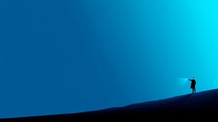 A solitary silhouette stands on a slope in a bright area,