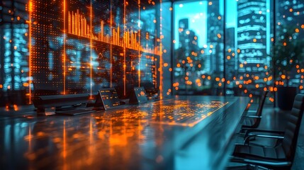 Futuristic digital display in a modern office showing glowing orange financial data and city skyline