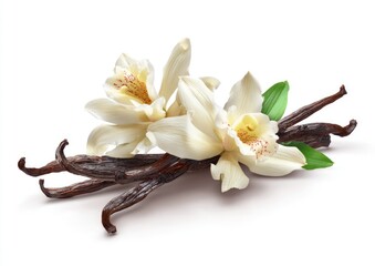 Vanilla orchid blossoms and pods on white
