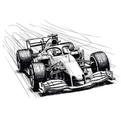 Obraz premium Dynamic black and white handdrawn sketch of a modern Formula 1 race car speeding on a track.