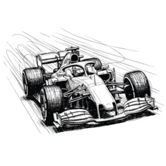Fotobehang F1 Dynamic black and white handdrawn sketch of a modern Formula 1 race car speeding on a track.  © Vhya