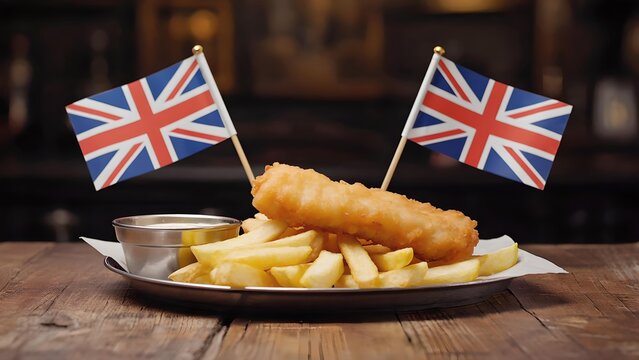 Traditional British fish and chips with Union Jack flags served on rustic wooden table, classic UK pub food with fried fish fillet, golden fries and tartar sauce, authentic English cuisine concept - Powered by Adobe