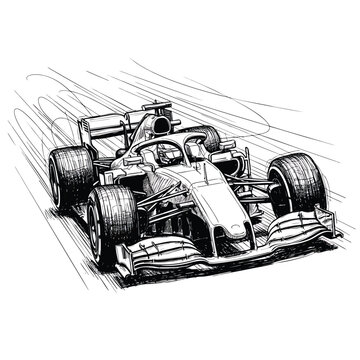 Dynamic black and white handdrawn sketch of a modern Formula 1 race car speeding on a track.