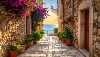 Fototapeta premium A narrow cobblestone street lined with potted flowers and stone buildings leads to a vista of ocean and sunset