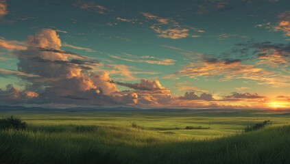 Serene sunset over a vast, grassy plain, with fluffy clouds painted across a vibrant sky, mountains faintly visible in the distance