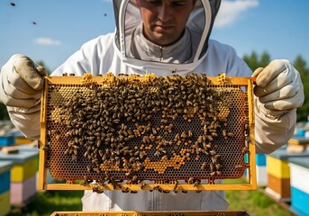 Beekeeper in protective suit holding a frame full of honeybees and honeycomb, demonstrating apiculture and natural honey production